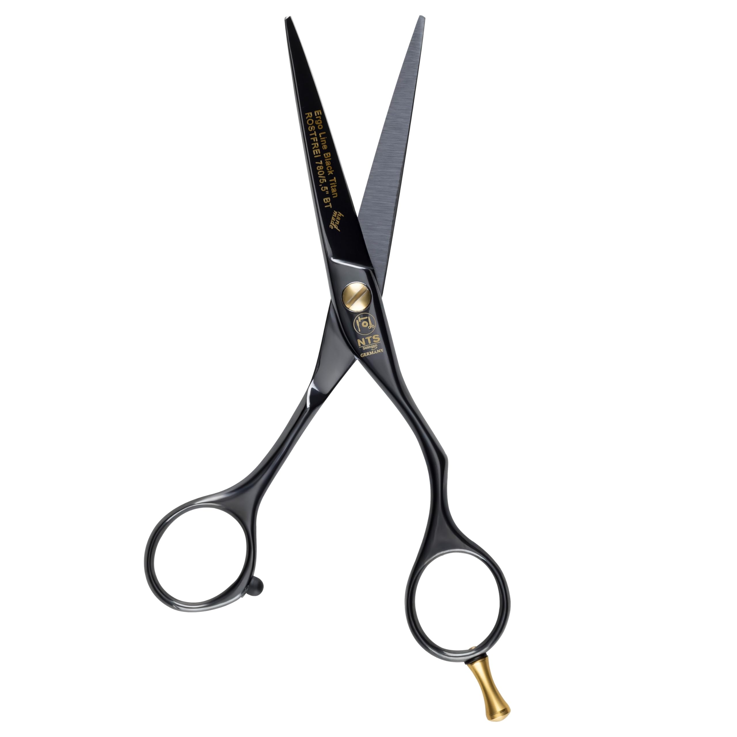 Black Titan Ergo Line - Tijeras de peluquería profesionales para cortar el pelo, tijeras de pelo negras, tijeras con revestimiento de titanio, fabricadas en Solingen, hechas a mano, 14 cm