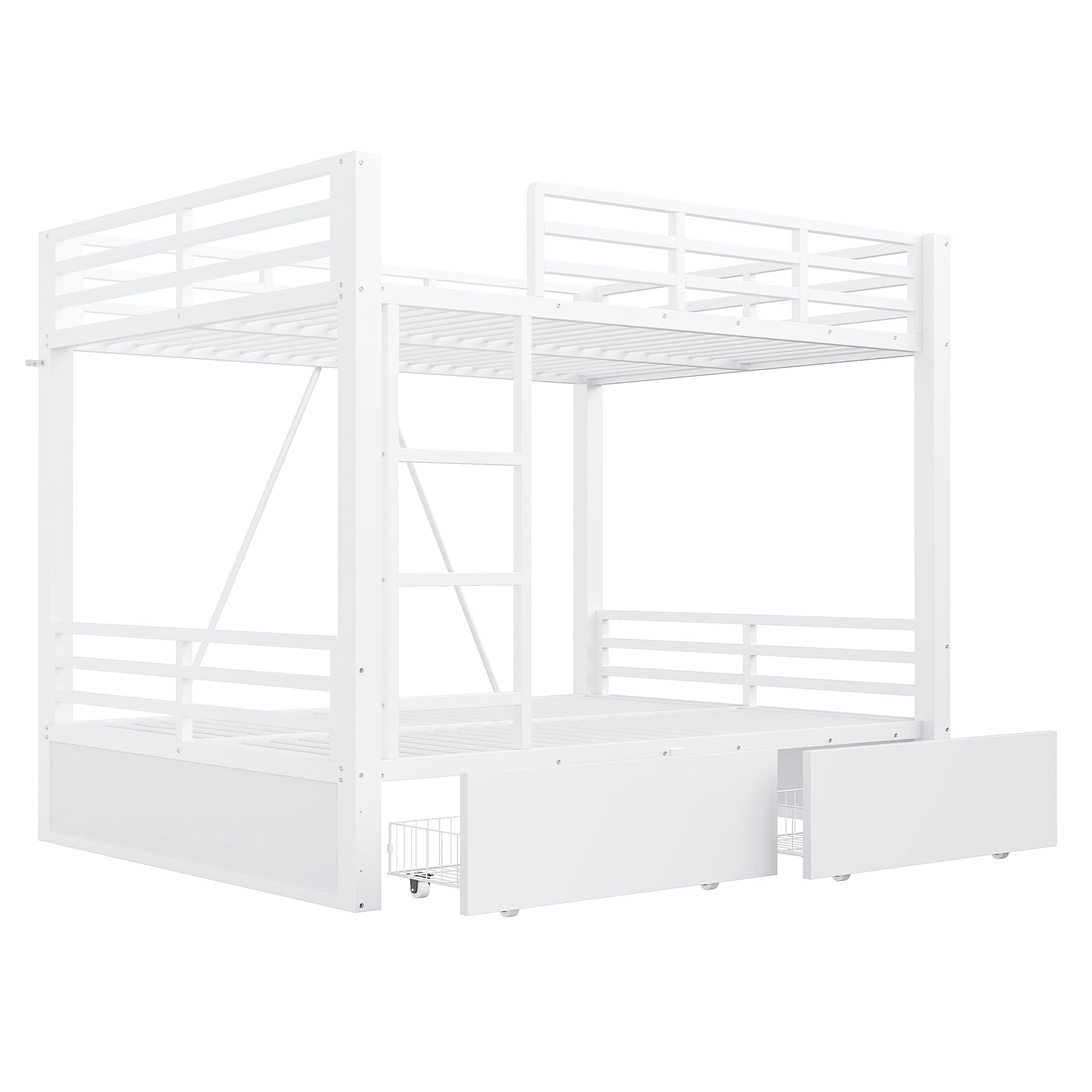 Merax Metall-Etagenbett 140x200 cm mit Schubladen, Sicherheitsgeländer & Leiter – platzsparendes Kinderbett, Weiß (Ohne Matratze)