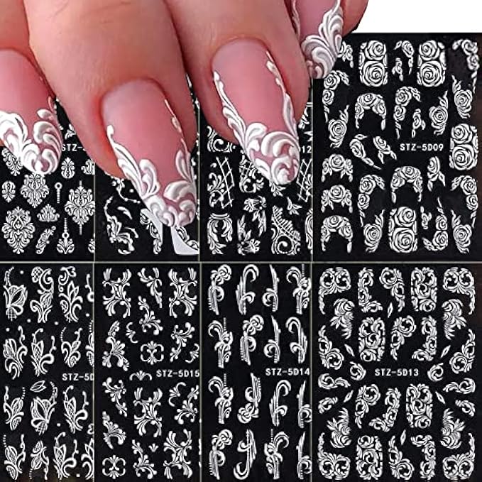 YOSOMK Nail Art Stickers 8 Sheets 5D Sterescopic Embossed Nail Decals Accessories White Lace Nail Art Supplies Self-Adhesive Nail Sticker Decoration for Nail DIY Design
