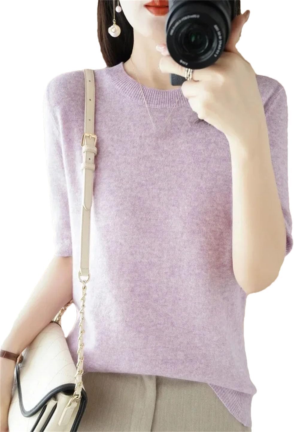 Women's Spring Knitted Base Layer Shirt Half High Collar Short Sleeve Slim Fit Warm Inner Wear Mid Sleeve Top