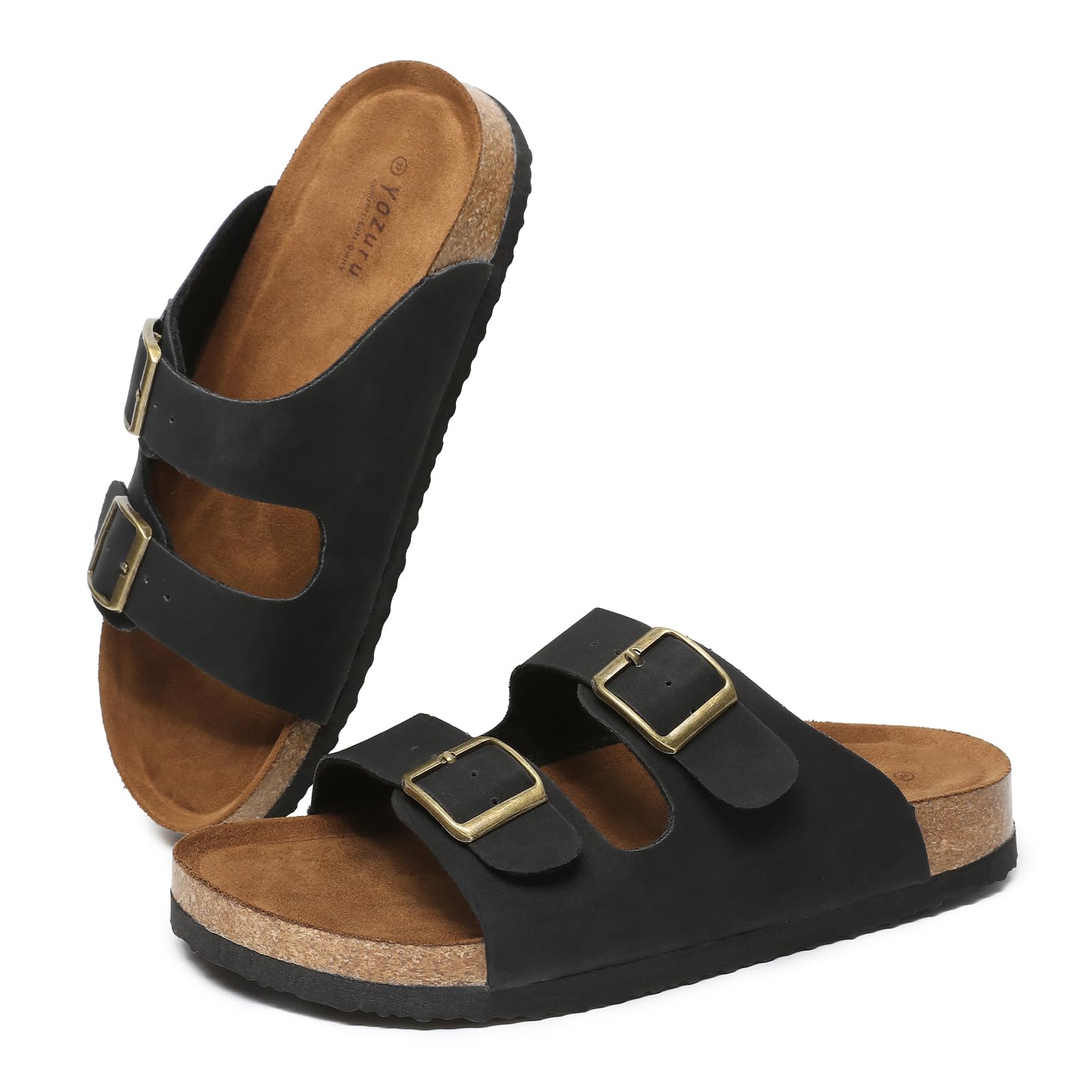 Yozuru Womens Flat Sandals Cork Footbed Slides with Arch Support Adjustable Buckle Slip on Slides Summer Open Toe Beach Sandals