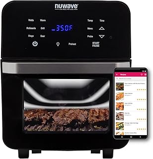 NuWave Brio - Friggitrice ad aria grande capacità da 15,5 litri + griglia, sonda; 2 rack in acciaio inox; vassoio gocciolamento; kit girarrosto; ricerca, palco, preriscaldamento, girarrosto
