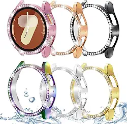 DEALELE [Pacote com 6] Capa compatível com Samsung Galaxy Watch 7 de 44 mm, capa protetora de PC de diamante de linha única brilhante para reposição (44 mm, preto + prata + ouro rosa + arco-íris)