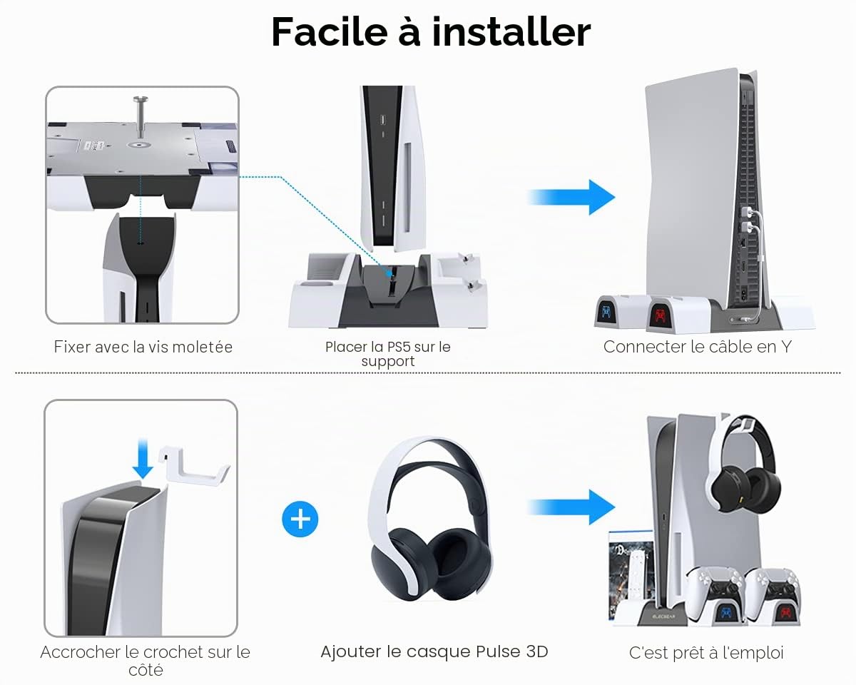 ElecGear PS5 Support Vertical, Ventilateur de Refroidissement, Dual Chargeur Station de Charge Contrôleur, Jeux Stockage Stand pour Manette DualSense, PlayStation 5 Media Remote et Support de Casque