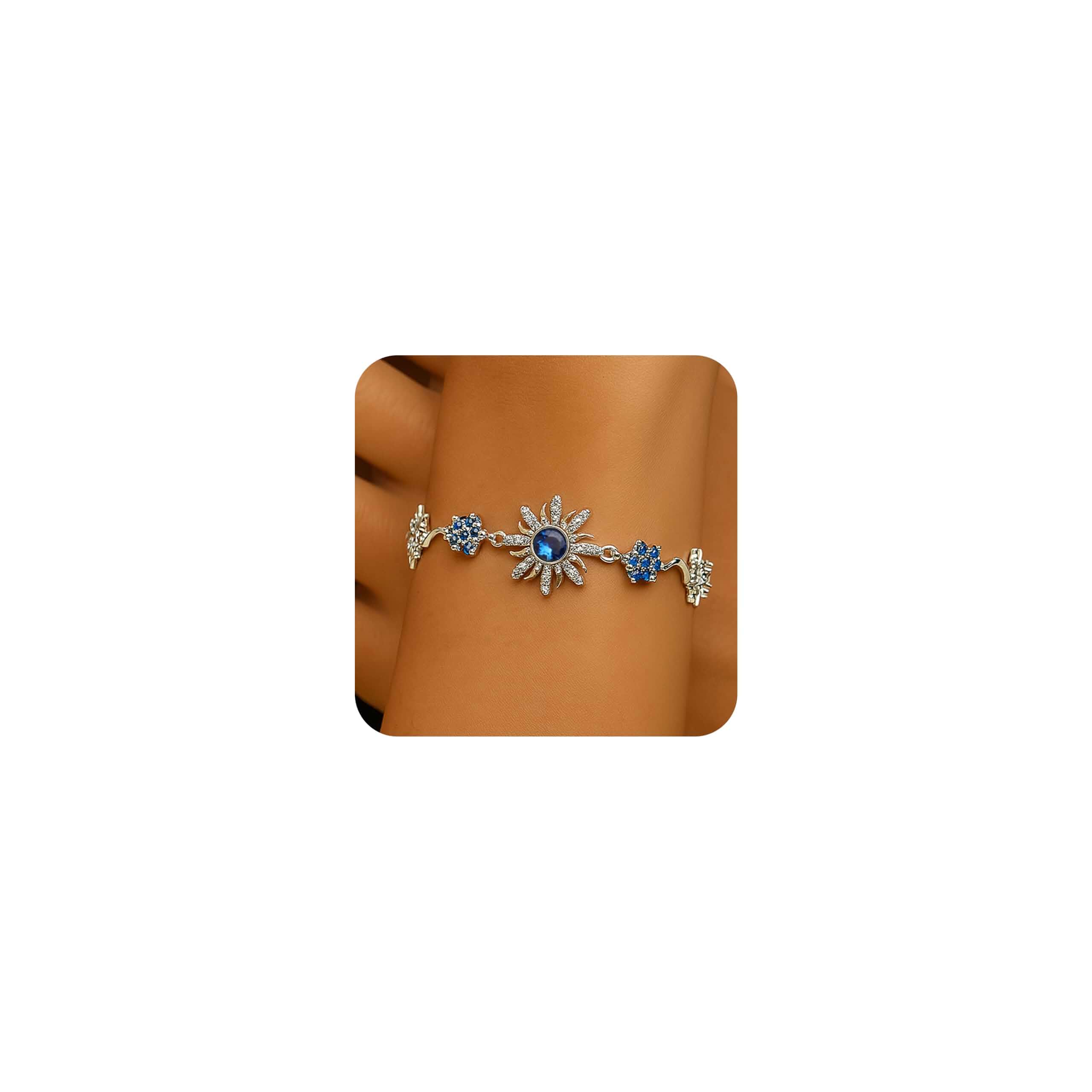 Gold Silver Sun Colorful Birth Stone Flower Link Bracelet for Woman, Adjustable CZ Rhinestone Star Box Chain Bracelets Prom Jewelry Accessories Gift