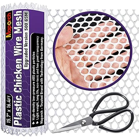 MAPORCH Upgraded 15.7IN x 16.4FT White Plastic Chicken Wire Fence Mesh, Included 1 Wire Cutting Scissor, Hexagonal Fencing Wire for Gardening, Poultry Fencing, Wire Frame for Crafts, Floral Netting Cover