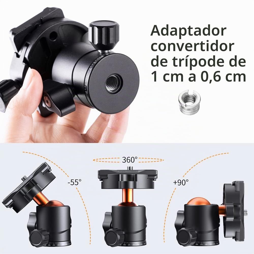 K&F CONCEPT BH-25 Cabeza de Bola de Trípode para Cámara con Placa de Liberación Rápida de 1/4'' y Nivel de Burbuja, Capacidad de Carga de 8 KG para Trípode, Monopié, Cámara