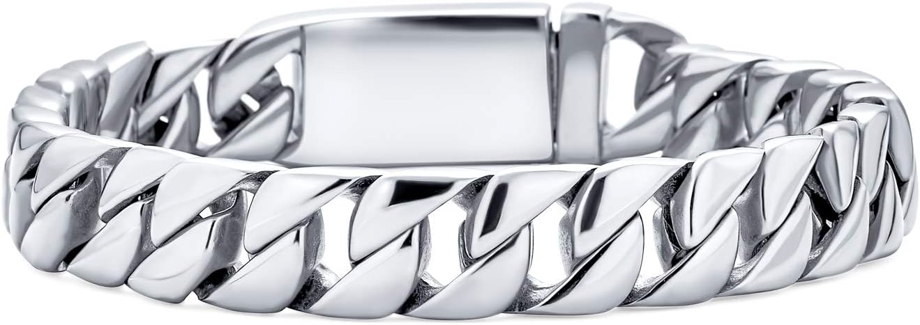 Bling Jewelry Personalize Heavy Solid Miami Curb Chain Link Bracelet Silver Tone Stainless Steel Men Teens 8.5 Inch 10MM Custom Engraved