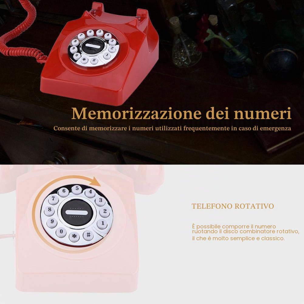 Telefono Fisso stile retro,Vintage Design Telefono, Telefono con filo con disco combinatore d'epoca Nostalgia (Rosso)