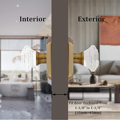 Miniatura 7 de Gobrico Paquete de 5 pomos de puerta de cristal de paso en latón antiguo para pasillo, armario, lavandería, forma octágono transparente, sin llave,