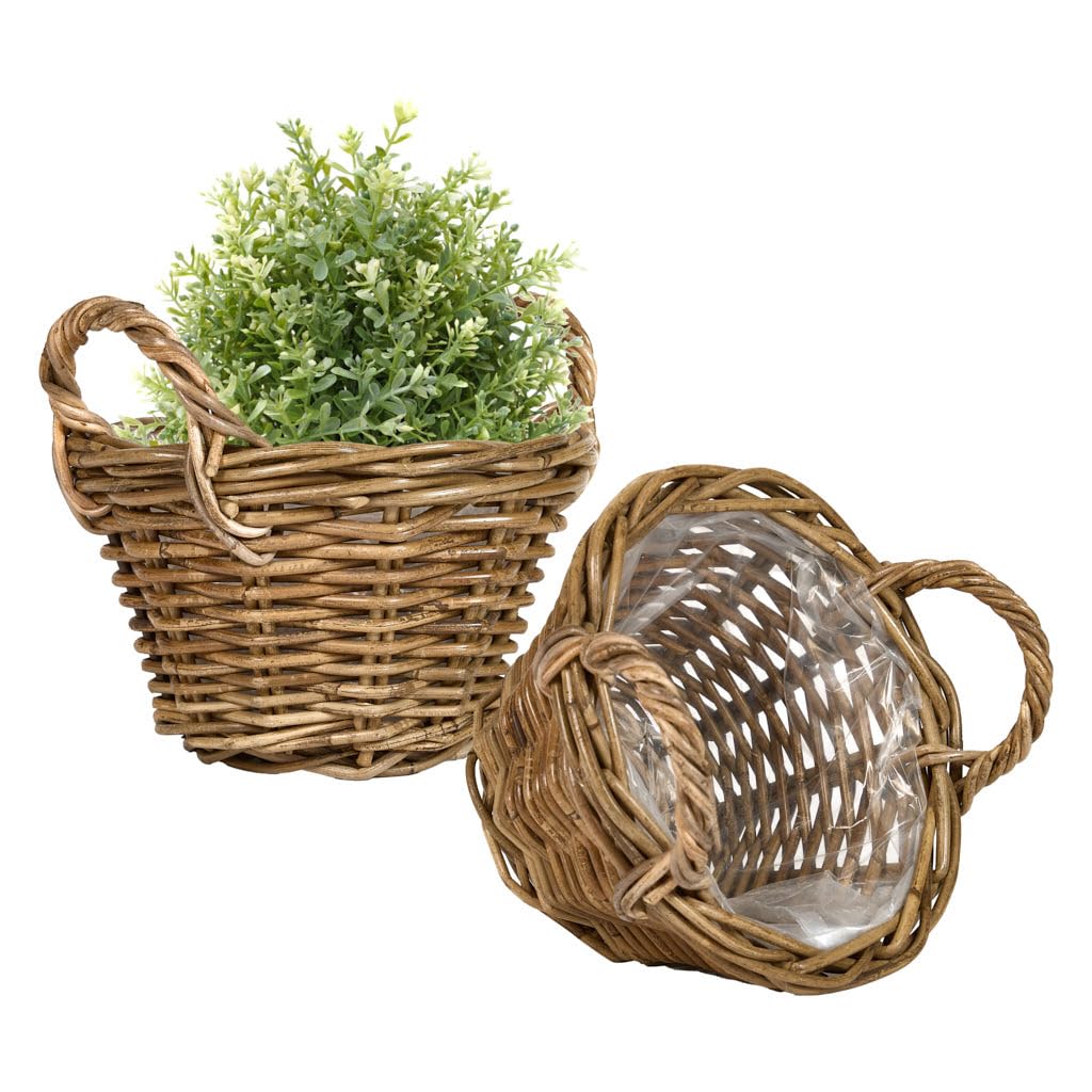 Willow Wicker Planter Set of 2 Watertight Lined Indoor Rattan Planters with Carrying Handles Rustic Style Living Room Hallway Bedroom Kitchen Bathroom Plant Basket (Round, XS)