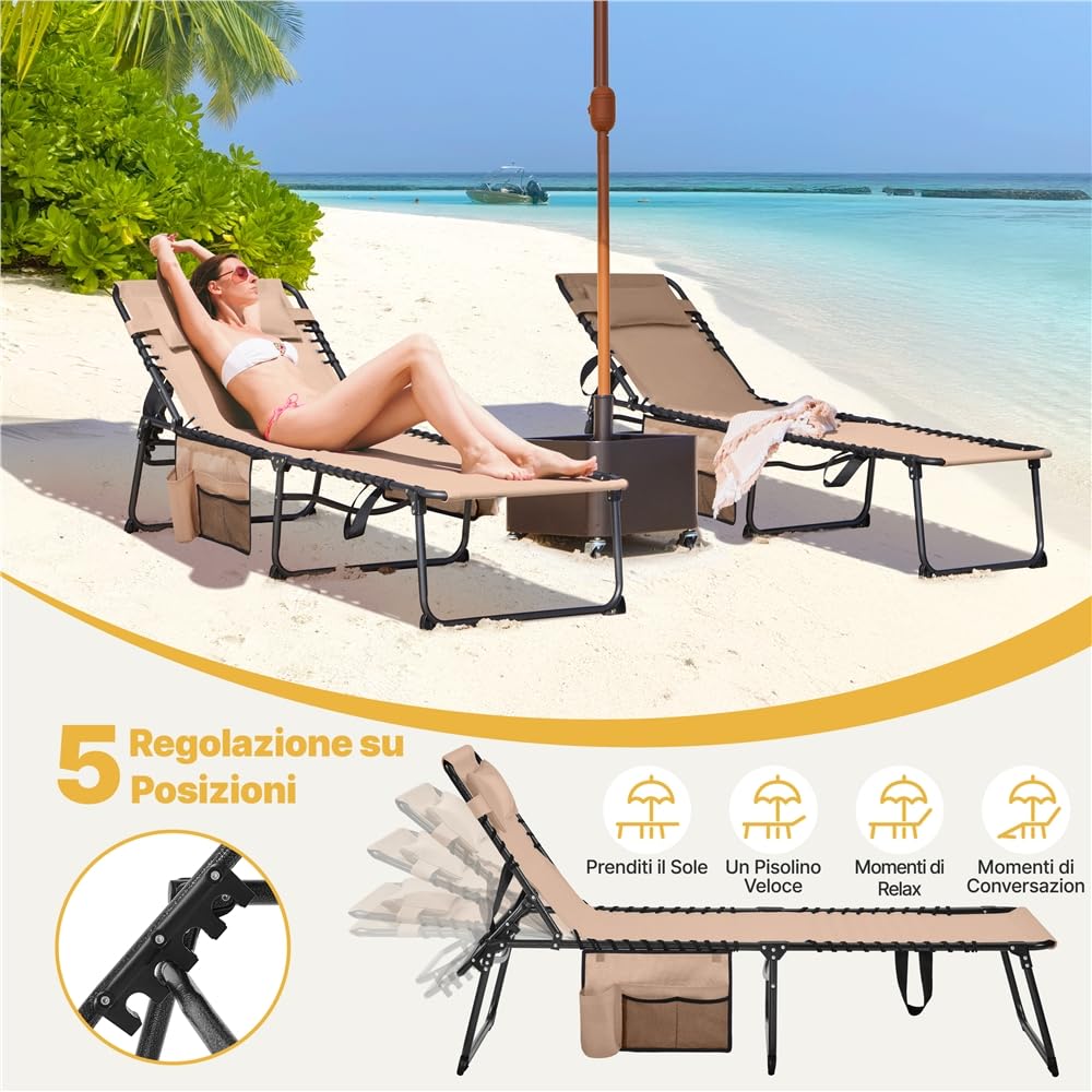 Yaheetech Lettino Sdraio Pieghevole Regolabile in 5 Posizioni per Esterno Giardino Spiaggia Campeggio con Poggiatesta e Tasca, 189 x 57 x 34 cm, Colore Beige