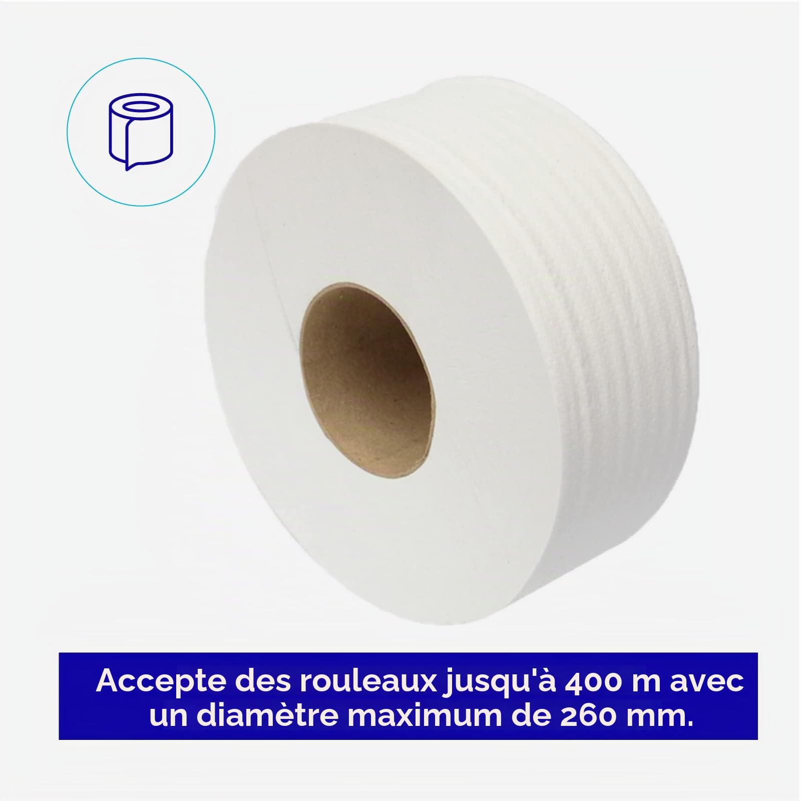 Jofel - Grand distributeur industriel de rouleaux de papier toilette, distributeur de rouleaux de papier jusqu'à 400m, diamètre max. 260mm, mandrin de 45mm, idéal toilettes publiques, Azur AE55000