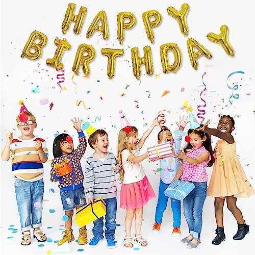 Image of Happy Birthday Banner (3D Gold Mylar Foil), 16 Inch Happy Balloon Banner, Boys & Girls Birthday Decorations Party Supplies