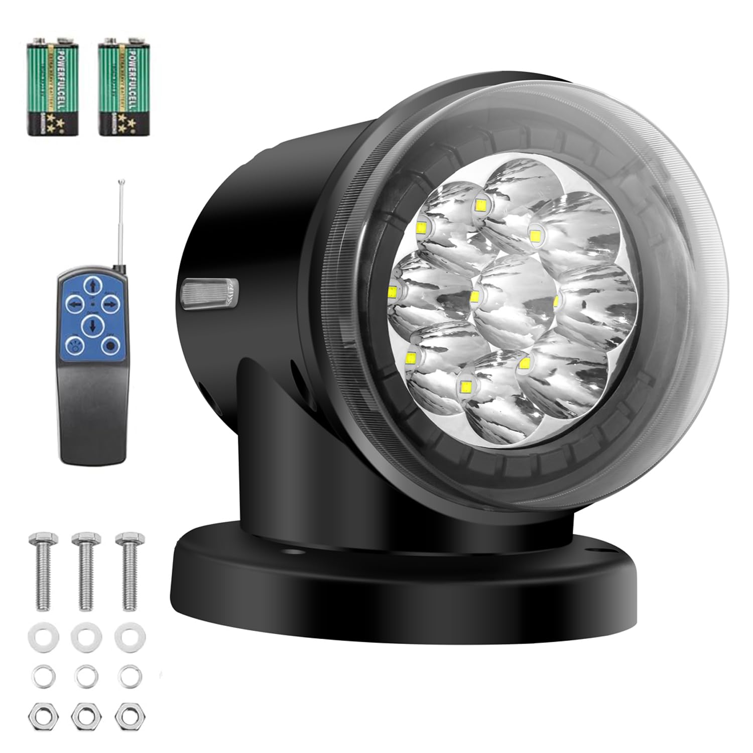 LED Boat Remote Control Searchlight,Marine Light 60W 6000lm 360 Rotating 6000K LED Hunting Searching Black Spotlight 12V 24V, 6 Strong Magnets Built-in for 4X4,SUV,Car,Truck