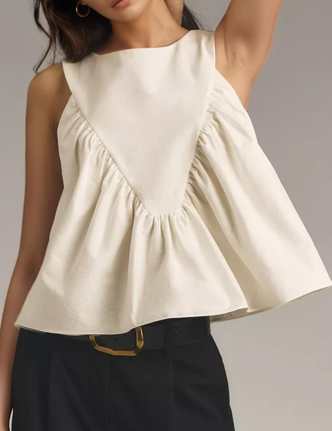 Wyeysyt Peplum Tops for Women Shirred Swing Tank Tops Pleated Flowy Vest Casual Sleeveless Blouse Loose Fit Ruffled Shirts - Image 3