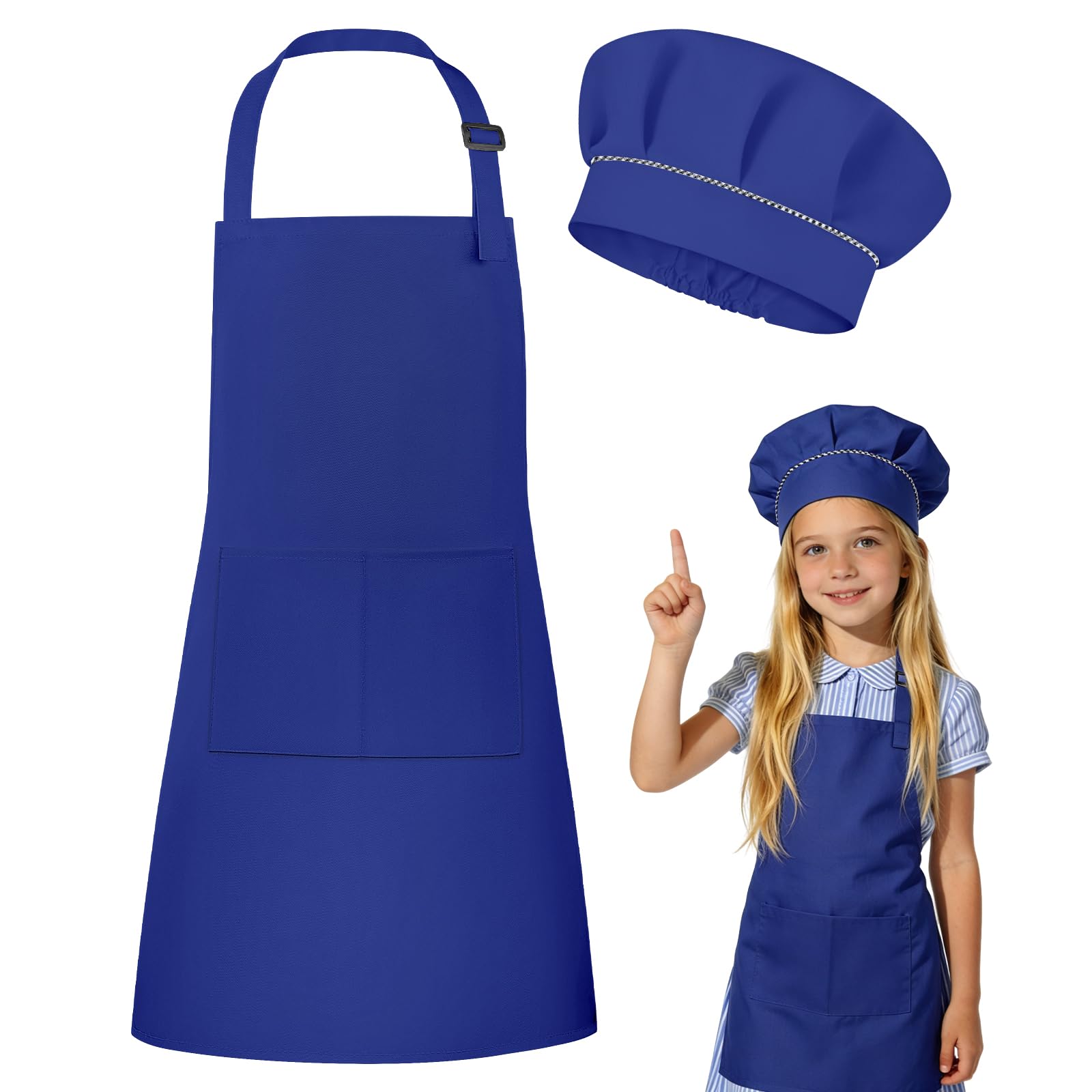 DiULi Kids Apron and Chef Hat Set, Adjustable Neck Strap & Double Pocket, Royal Blue Cooking Aprons for Children Cooking Baking and Art Activities, Sizes S