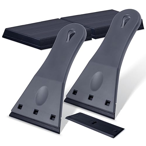 FOSHIO Paquete de 2 raspadores de plástico con 100 cuchillas de afeitar de plástico de un solo filo, herramienta raspadora de plástico extra grande