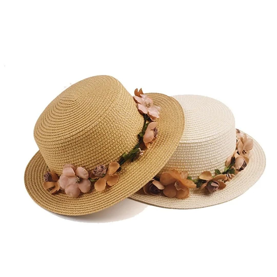 Sombrero para el Sol para Mujer, Sombrero de Cubo, Sombrero de Paja con Parte Superior Plana y Lazo de Encaje Beige de Verano (21244 Mujeres 56, Talla única 58 cm)