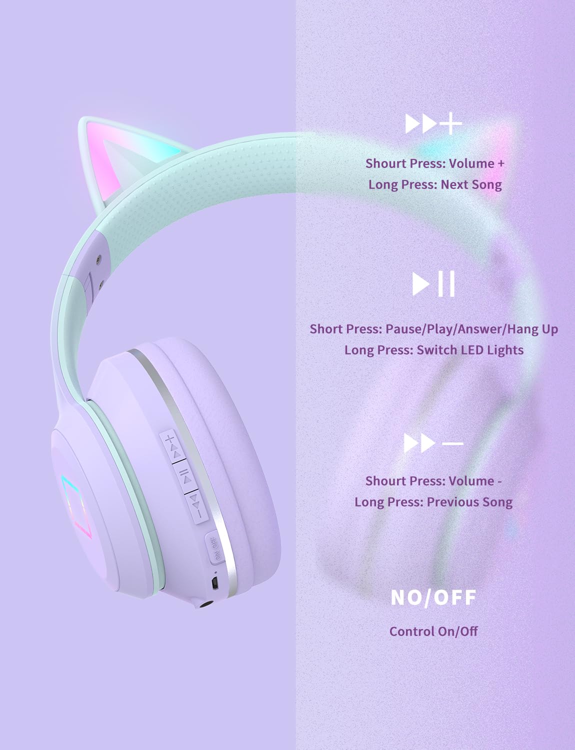 Cuffie Bluetooth per Bambini, Senza-Fili Cuffie Over-Ear, Con orecchie LED, Pieghevole, Con Microfono, Micro SD/TF, HD Stereo, Cuffie ragazze orecchie gatto per scuola/scrivania/PC/TV