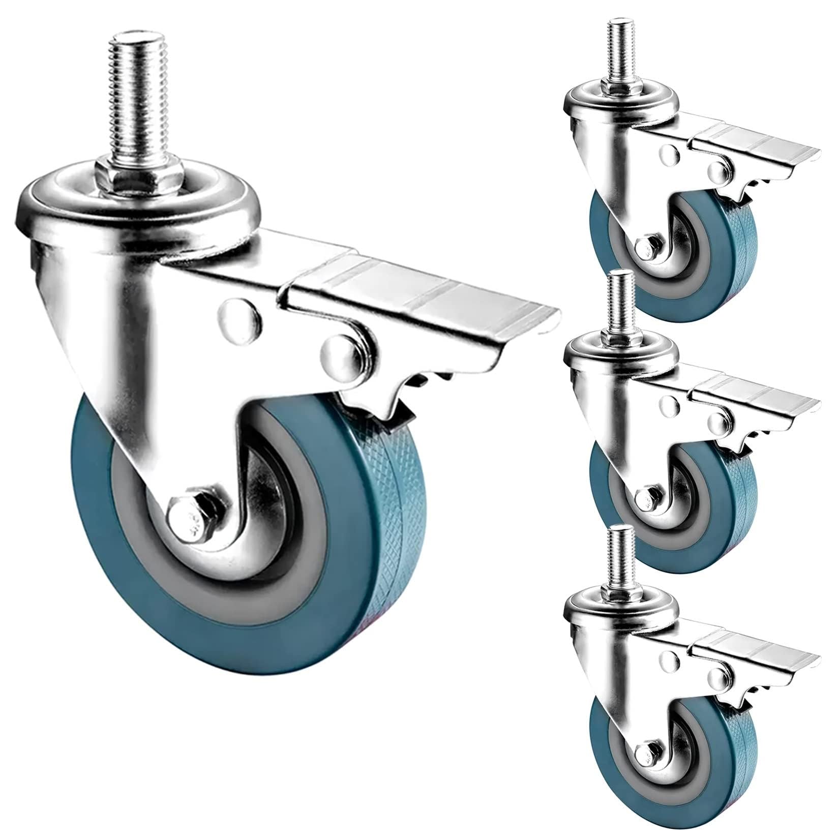 ZGUOUZANTYE 2.5/3 Inch Swivel Stem Caster Wheels M10 M12 Threaded Dual Locking Brakes Silent Castors Replacement Foot Wheel(Brake,75mm(3in) m10)