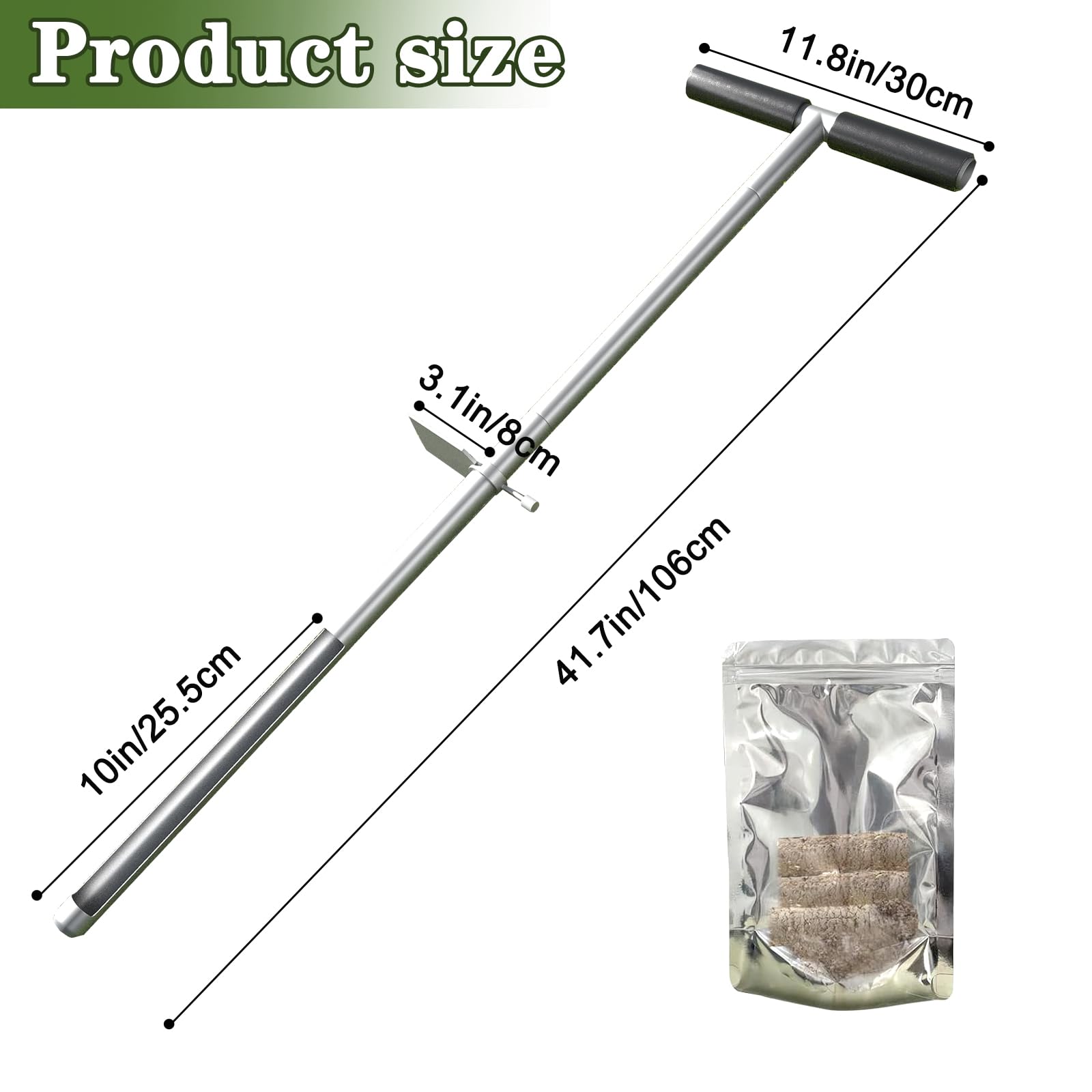 Sonda de muestras de suelo de 91,4 cm, mango en T de acero inoxidable, sondas de suelo para muestras de suelo con pedal y bolsas de muestras reutilizables para granja/agricultura/jardín/césped