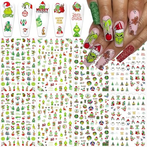 Adesivo per unghie natalizio, 12 fogli Grinch Nail Stickers Natale,Babbo Natale Nail Sticker,Grinch Decorazione natalizia per unghie, accessori per la decorazione delle unghie (12 A)
