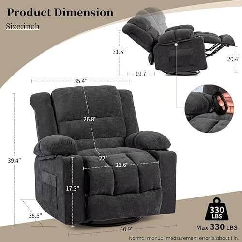 Miniatura 3 de Silla reclinable giratoria de 360 para adultos, mecedora ergonómica con portavasos y bolsillo lateral, mecedora manual para sala de estar,
