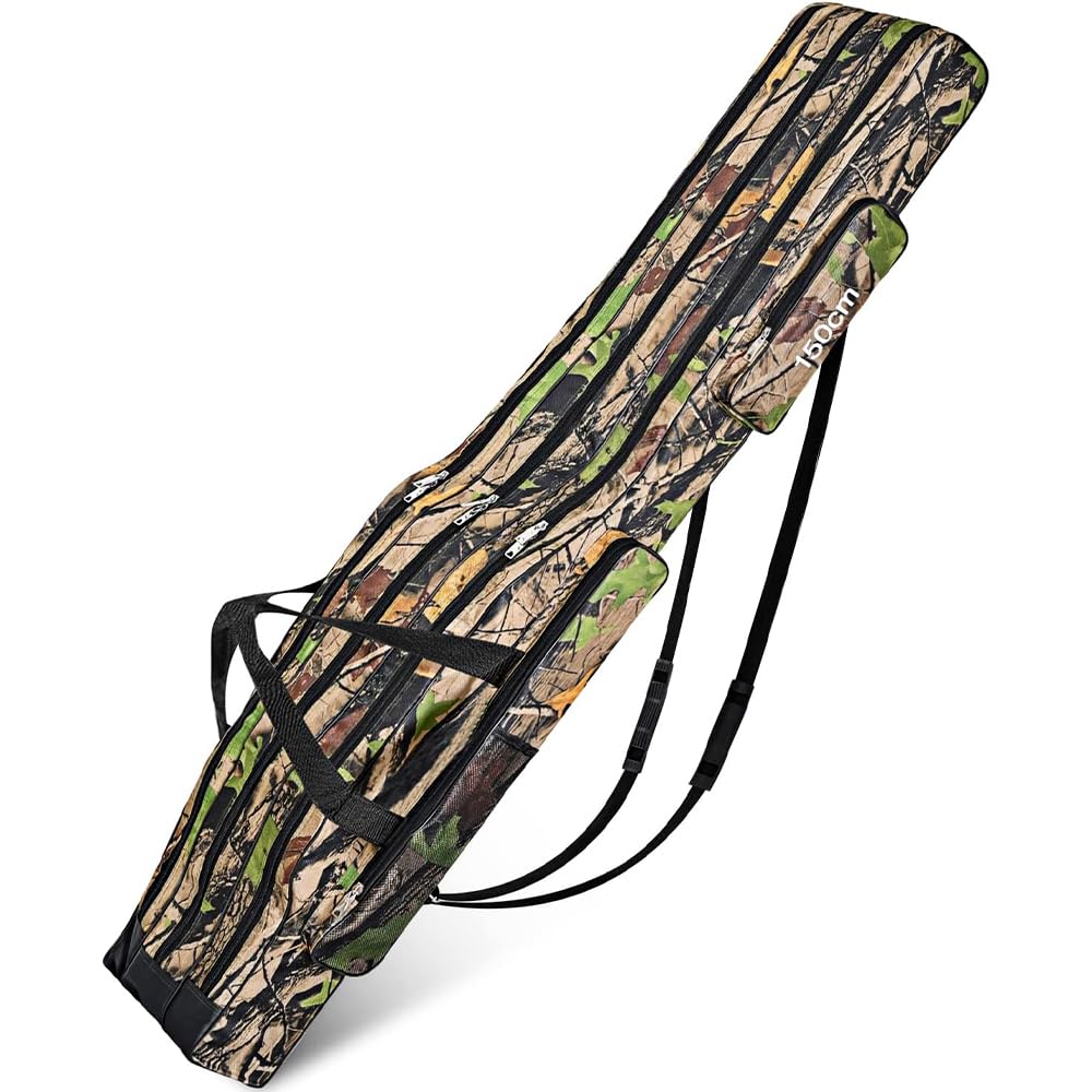 Jonuin Fishing Rod Bag, 150cm Foldable Portable Fishing Pole Bag, Fishing Pole Storage Bag with 3 Layers Waterproof Oxford, Fishing Rod Case for Fisherman (Yellow-Leaf Camouflage)