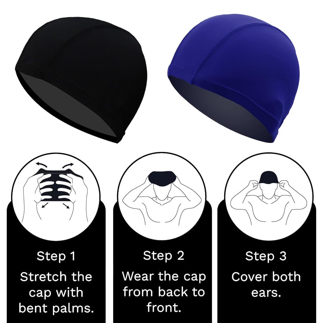 Paquete de 2 Gorros de Natación para Hombres y Mujeres, Elástico y Cómodo, Unisex para Adultos y Niños, Apto para Cabello Largo, Piscina Hombre, Swimming Cap (Negro + Azul Marino)