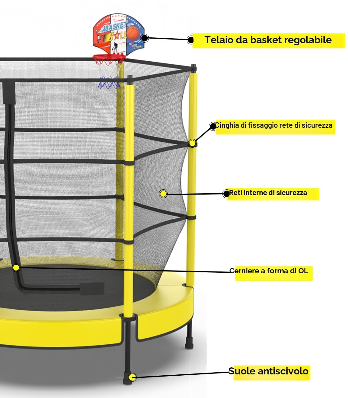 PILIN Trampolino Per Bambini Con Cesto, Trampolino Per Bambini All'Aperto ?145cm Con Molle, Rete Di Sicurezza Rialzata - Regali Di Compleanno Per Bambini e Bambine, Regali Di Natale
