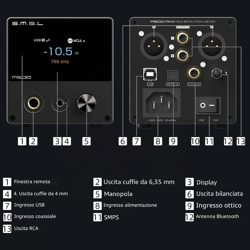 S.M.S.L M500 MKIII Bluetooth Audio DAC e amplificatore per cuffie, chip ESS9038PRO D/A, ingresso USB/ottico/coassiale/Bluetooth, Hi-Res MQA XMOS DSD512 PCM THD+N 0,00006%