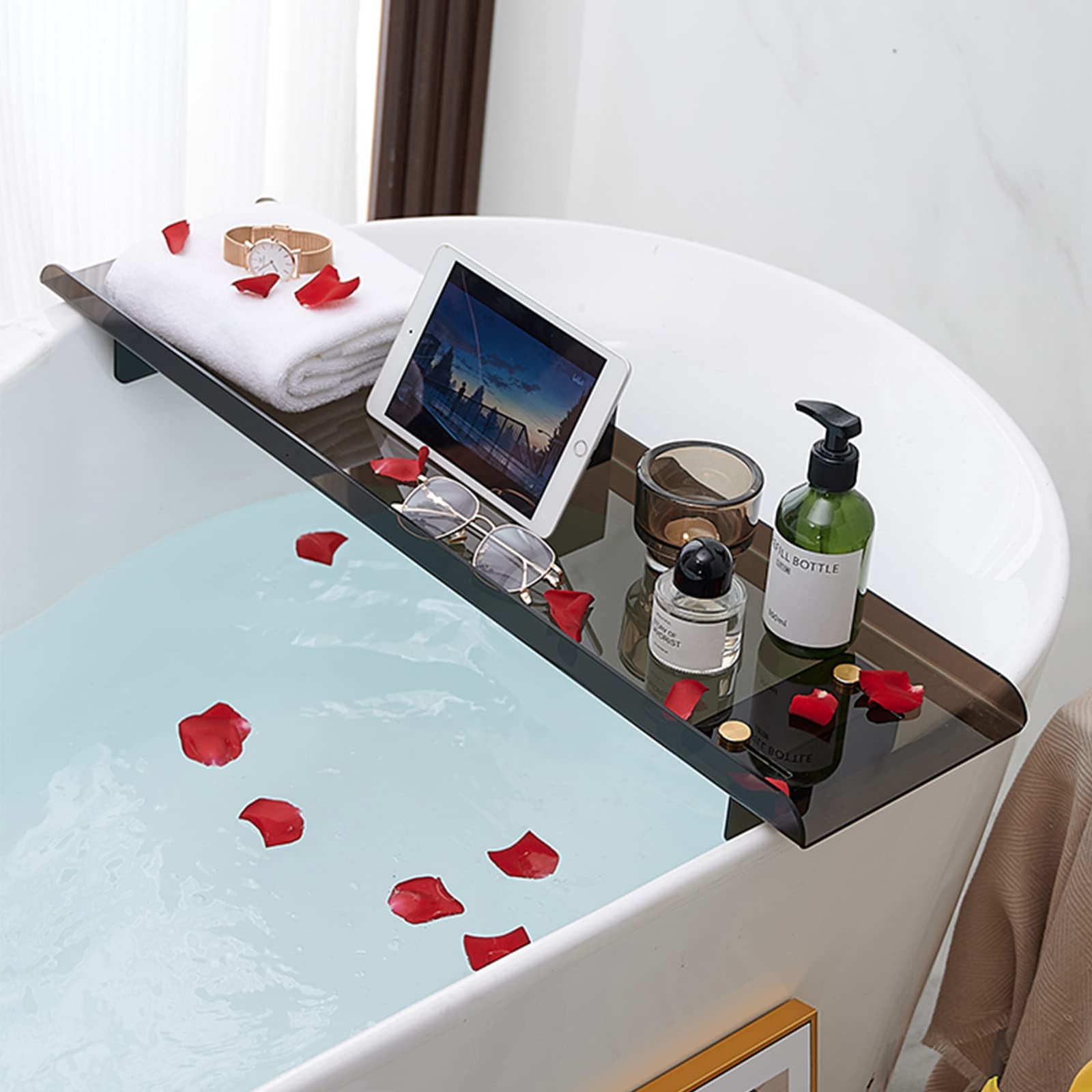 Vassoio per vasca da bagno regolabile in acrilico nero da 89,9 cm per vasca da bagno, elegante tavolo da bagno, vassoio da bagno di lusso per relax e conservazione, perfetto per la cura di sé