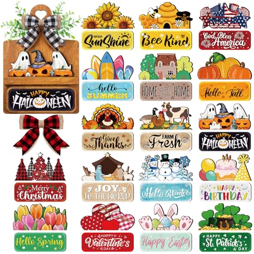 GlikCeil 37 Pcs Interchangeable Seasonal Decor Farmhouse Breadboard Interchangeable Seasonal Tier Tray Decor Holiday Halloween Thanksgiving Christmas Wooden Decoration with Bow for Table Kitchen