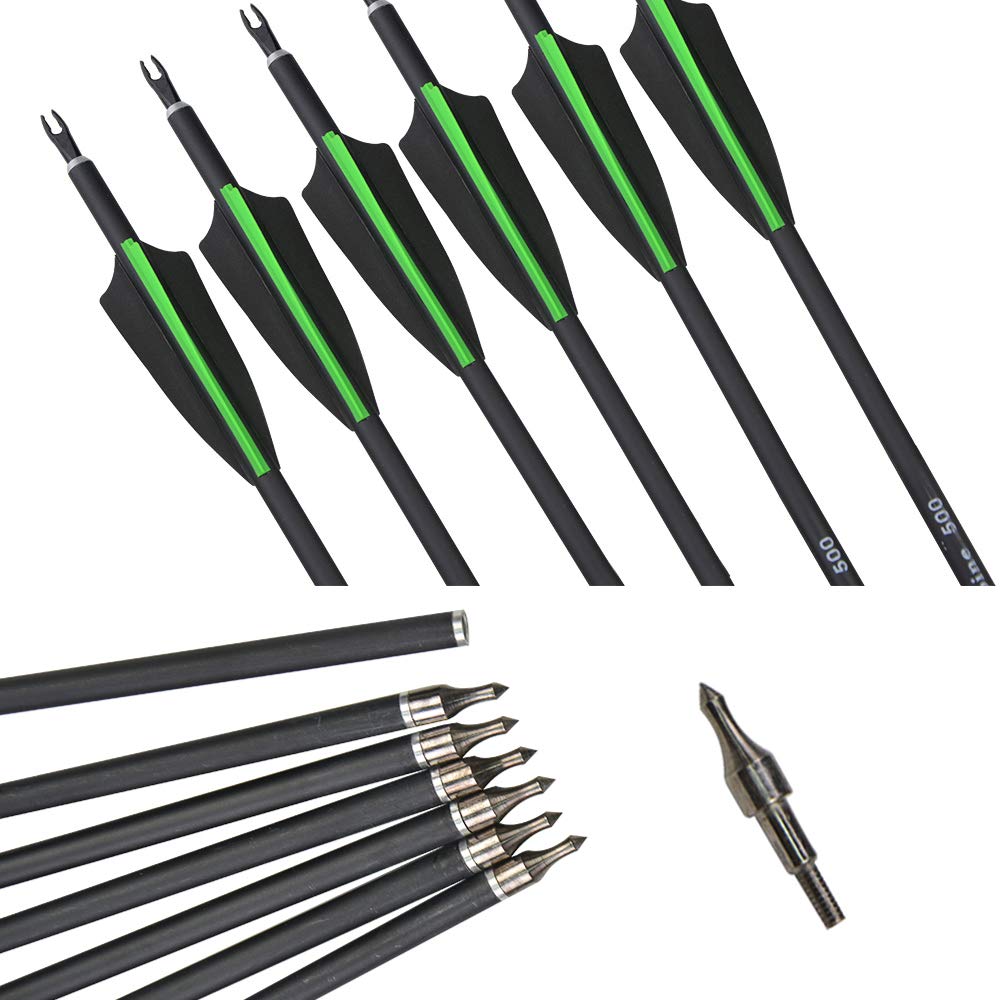 12pcs 30 Pollici Frecce in Carbonio 500 Spine Frecce da Caccia con Punte Sostituibili per Arco Ricurvo Arco Composto Bersaglio Pratica tiro all'aperto