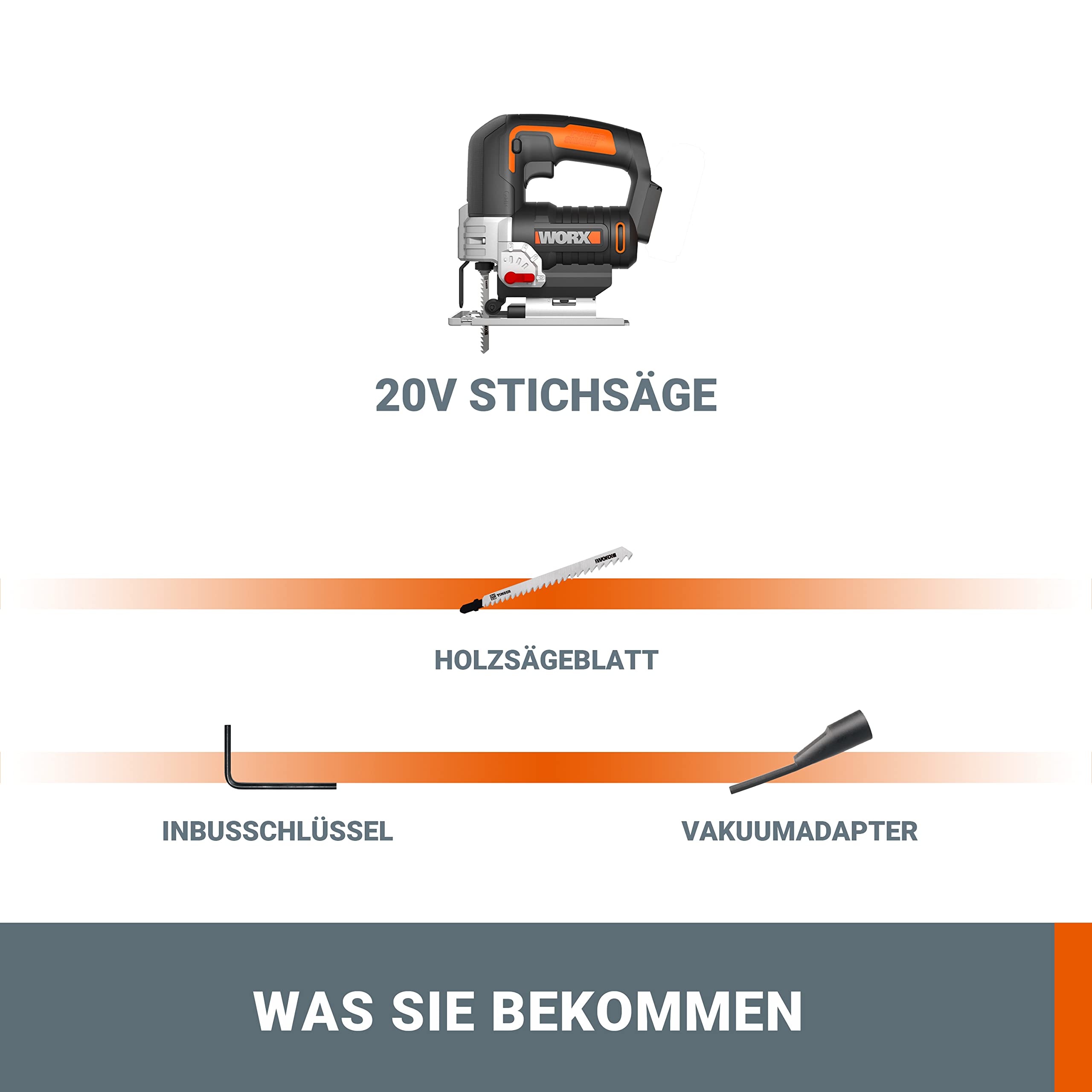WORX WX543.9 Akku-Pendelhub-Stichsäge, Profi Säge mit Absaug-Adapter, Ideal auch für Gehrungsschnitte, Schnitt-Länge 80/18/8 mm, PowerShare kompatibel, ohne Akku & Ladegerät