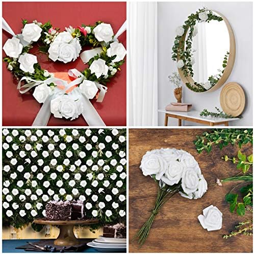 Belle Vous Fake Artificial White Foam Roses With Stem (50 Pack) - 19cm/7.48 inches - Realistic Flowers - Home, Party & Wedding Decorations - For DIY, Bridal Shower Bouquets & Centrepieces/Arrangements