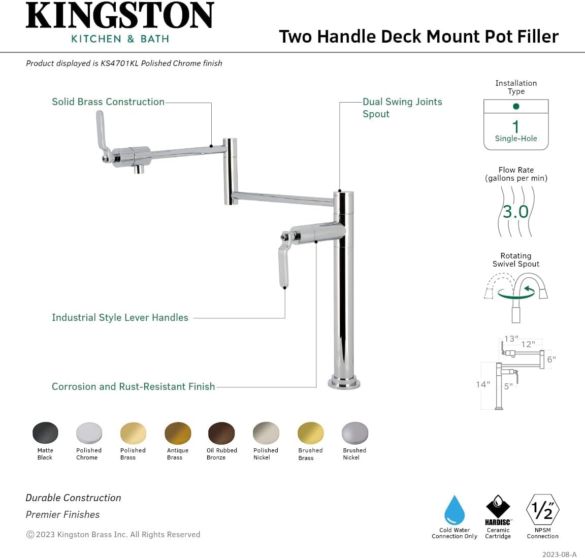 Kingston Brass KS4707KL Whitaker Deck Mount Pot Filler Faucet, Brushed Brass