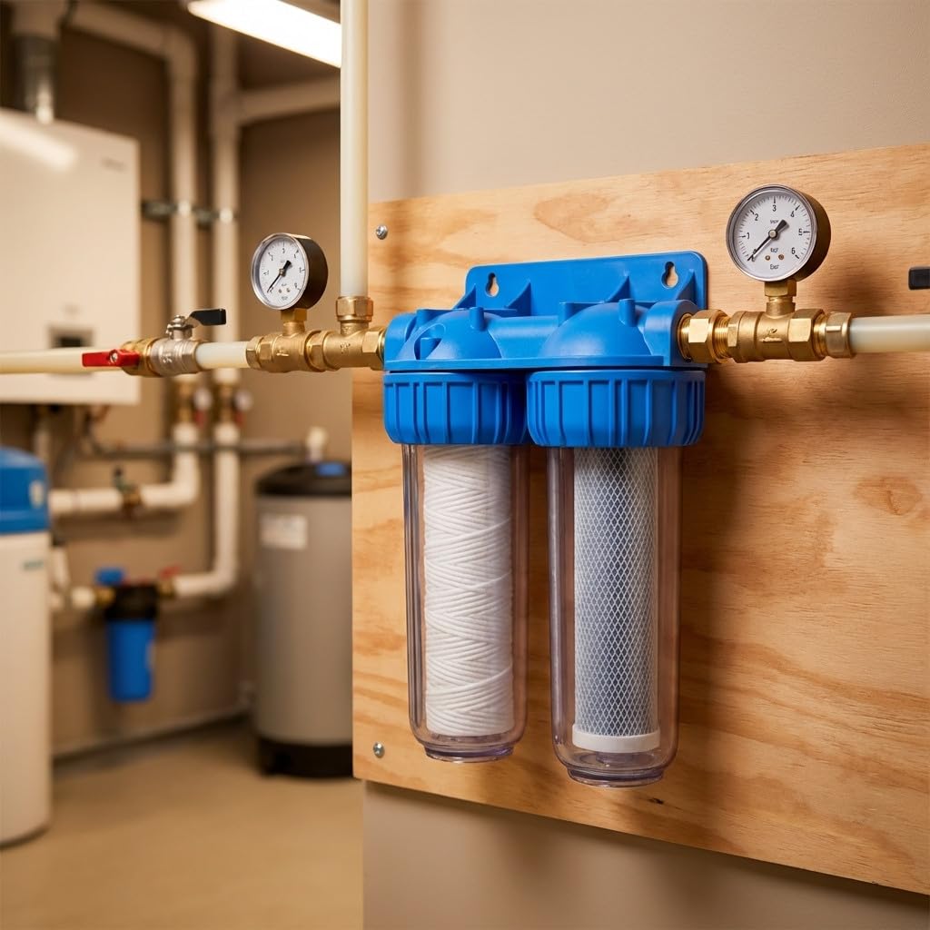 Suinga Pack 2 Vaso Doppio Contenitore per Filtros 10" + 2 Filtro Fibra 5 Micron | Sedimenti | Connessione Rinforzata in Ottone | Purificazione Acqua