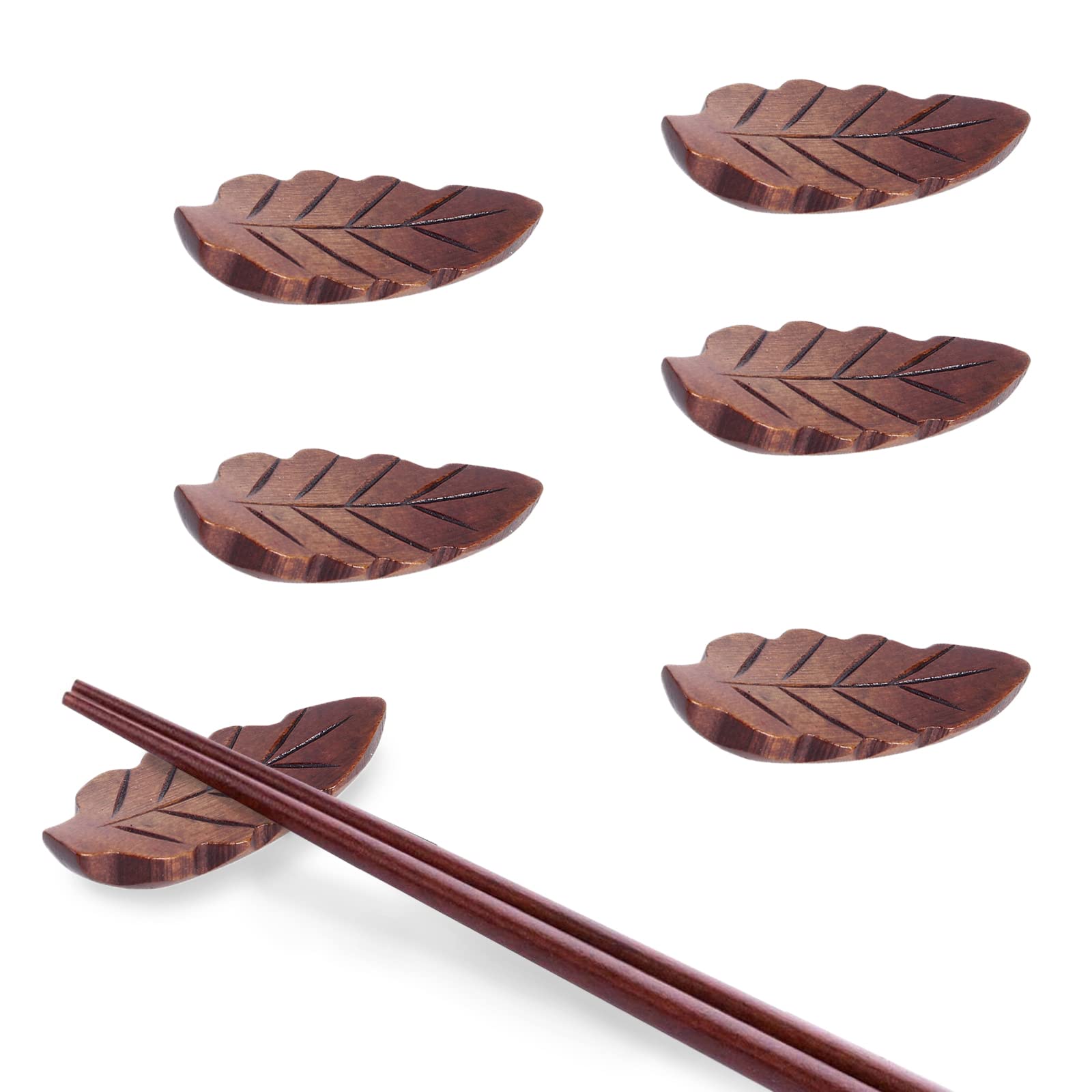 WANGCL 5Pcs Natural Wooden Leaf Shape Wooden Chopstick Rest Japanese-Style Chopstick Stand Spoon Fork Holder