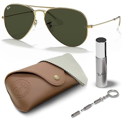 Ray-Ban RB3025 Classic Aviator Shape Sunglasses With Eyewear Kit Bundle - Adjustable Nose Pads - Ideal Formal and Casual Wear Retro Sunglasses
