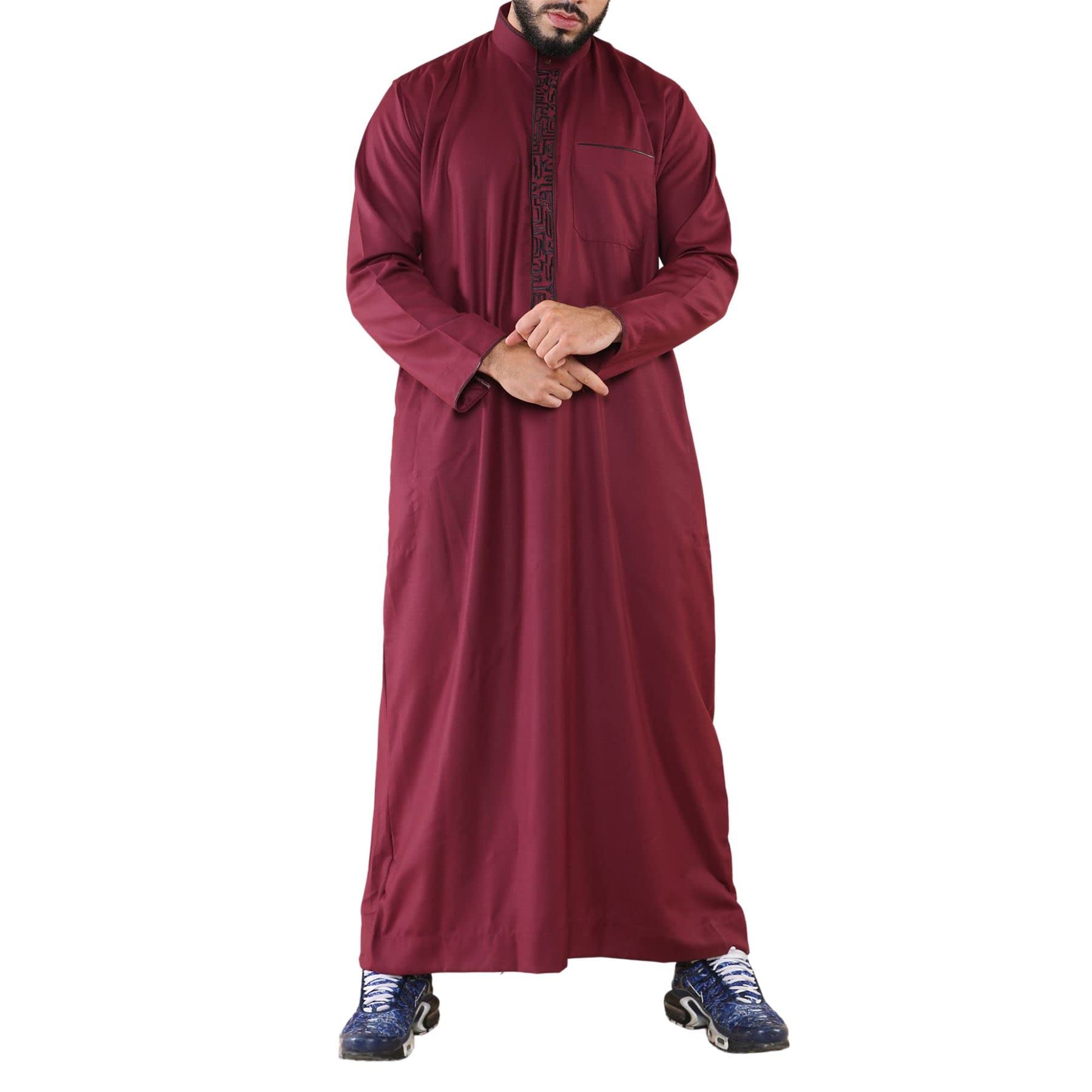 TruClothing Mens Thobe Jubba Nehru Stand Collar Islamic Clothing Muslim Cotton Kaftan Embroidery Eid Robe Saudi - Wine XXL - 60