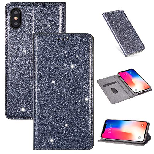 Hancda Coque pour iPhone X/iPhone XS, Housse Coque Portefeuille Case Étui PU Cuir Paillette Luxe Magnetique Flip Coque Antichoc Porte Carte Protection pour iPhone X/iPhone XS,Gris Cover
