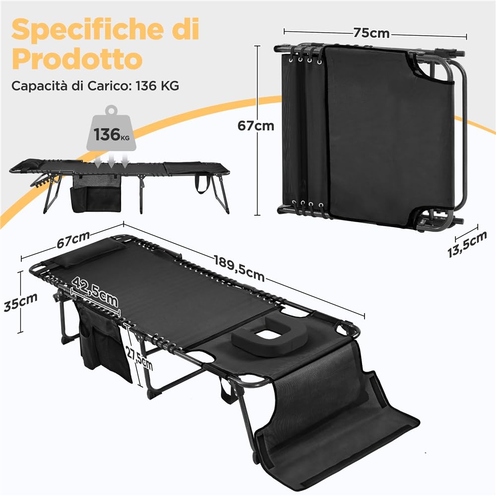 Yaheetech Lettino da Spiaggia Pieghevole Materasso Spesso 5 Regolazioni Tasca Laterale Giardino Campeggio Portata 136 kg 189 5 x 67 x 35 cm Nero