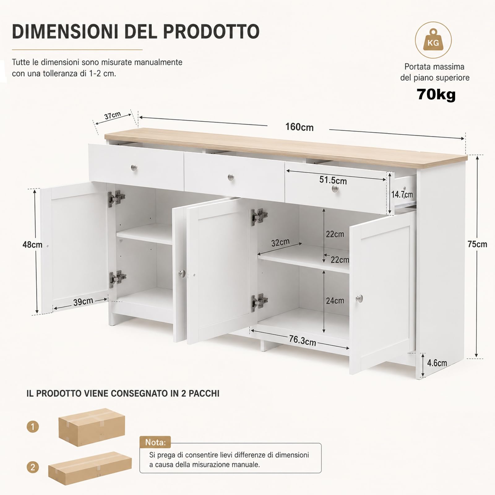 Credenza Cucina 160 cm Madia Soggiorno Moderna con 3 Cassetti e 4 Ante, Buffet Mobile con Ripiani Regolabili e Rimovibili per Cucina, Soggiorno, Ingresso, 160 x 37 x 75 cm, Bianco e Legno