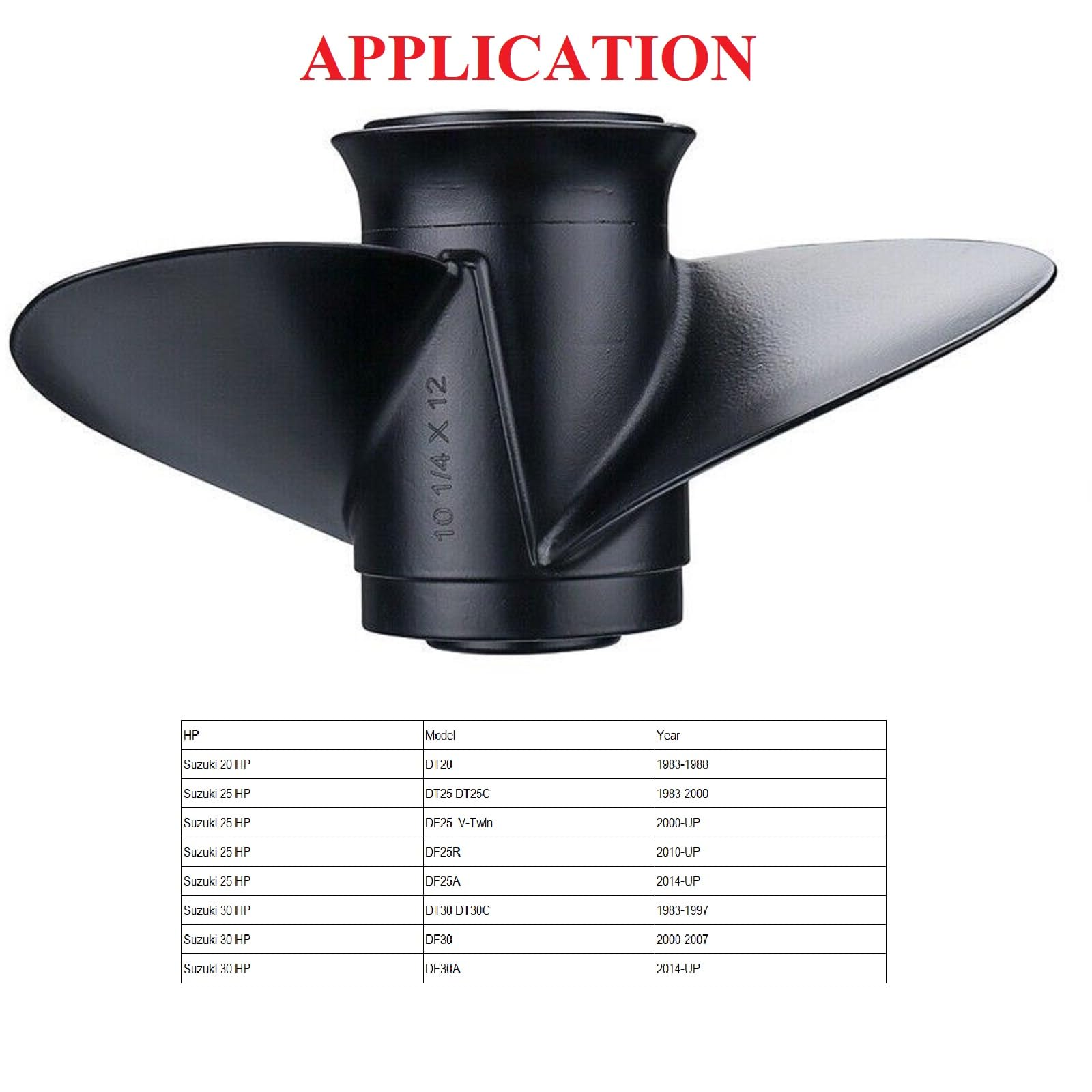 MARKGOO Hélice de paso de 10 1/4 x 12 pulgadas con kit de buje para Suzuki fueraborda 20 25 30 HP piezas de motor de barco de 3 cuchillas de aluminio Prop 10.25 x 12 RH 10 dientes estriados 58100