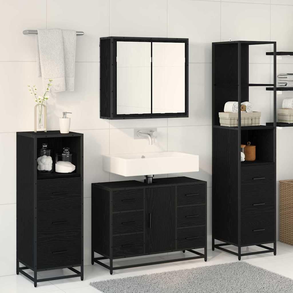 Juego de muebles de baño con aspecto de roble negro, 3 piezas, con armario para lavabo, armario con espejo, armario alto, espacio de almacenamiento, cajones, estante, montaje en pared para