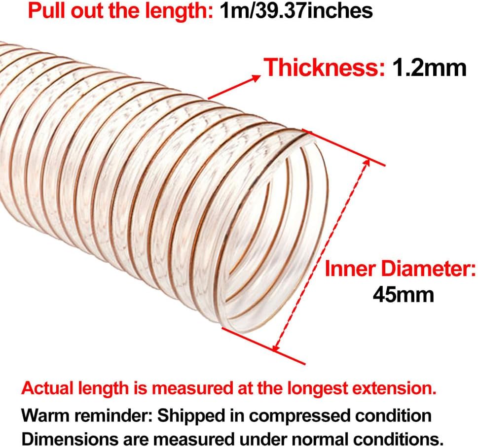 PU Polyurethane Pipe Flexible Ducting Hose 1M Inner Diameter 45MM Air Duct Transparent Telescopic Tube for Abrasive Solids,Thickness 1.2mm