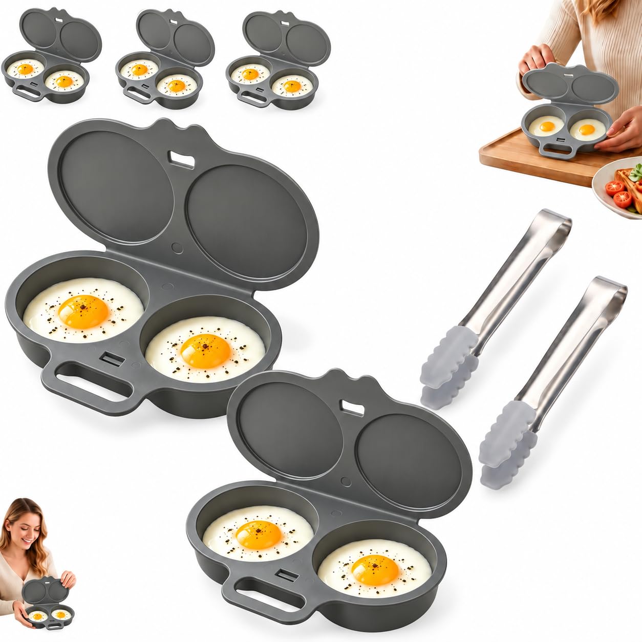 Microwave Egg Poacher, Dual Cavity with Lid and Handle (Black＋clip 2PCS)