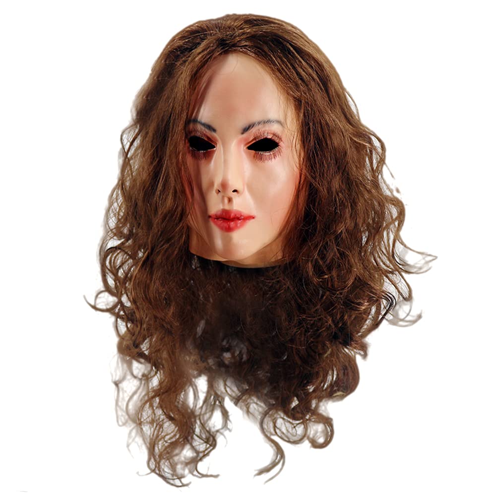 Realistic Latex Female Woman Face Mask Halloween Latex Mask Wig